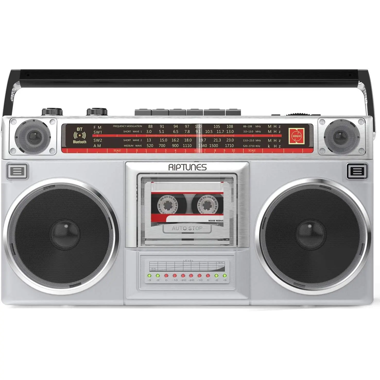 RIPTUNES Boombox Radio Cassette Player Recorder, AM/FM -SW1/SW2 Radio, Wireless Streaming, USB/Micro SD Slots, Aux in, Headphone Jack, Convert Cassettes to USB/SD, Classic 80s Style Retro, Silver