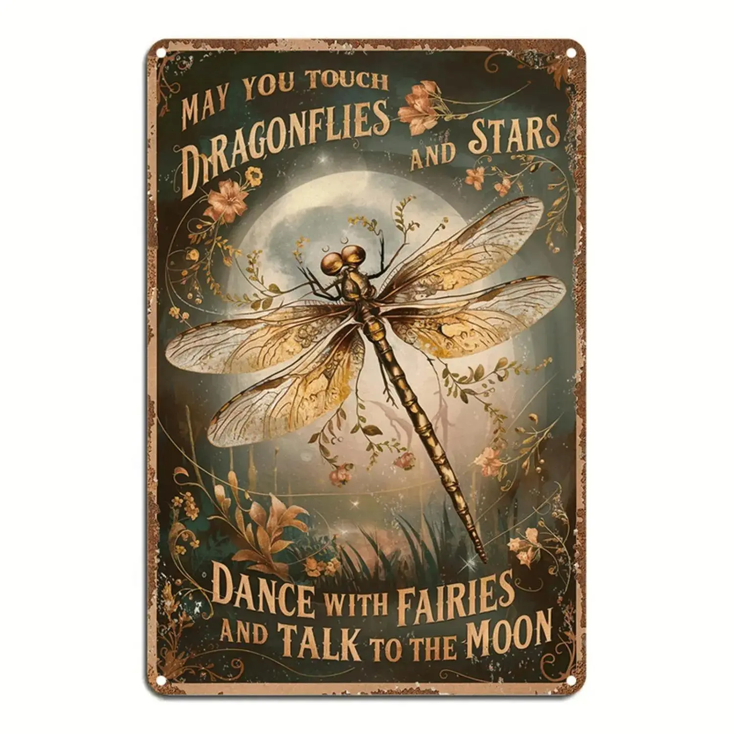 Vintage Victorian Metal Tin Wall Sign - Whimsical Dragonfly Floral & Enchanted Night Sky Whimsical Art - Decorative Farmhouse Chic Rustic Home Decor - Perfect Gift Idea for Nature Lovers, Decorative Sign
