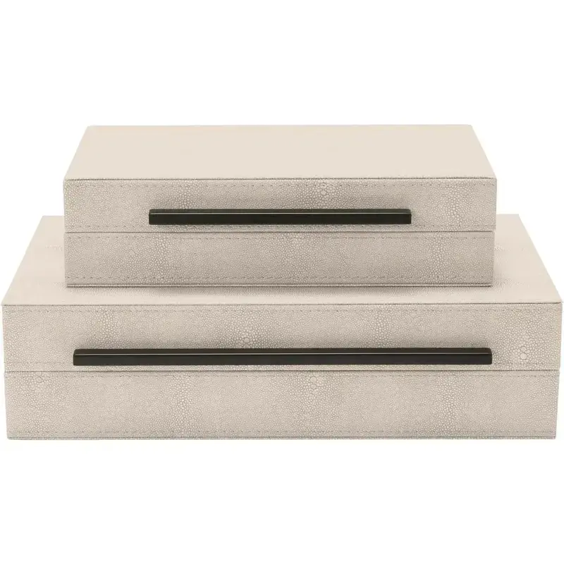 Set of 2 Ivory Shagreen Decorative Boxes With Black Metal Handles, Faux Leather Jewelry Boxes Modern Storage Boxes Photo Boxes Memory Boxes Home Organizer Box(Ivory)