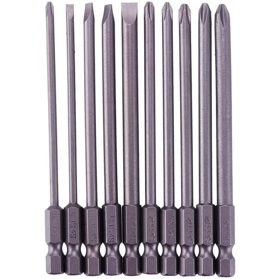Rocaris 10pcs 1/4 Inch Hex Shank Long Magnetic Screwdriver Bits Set| 4 in Power Tools (Slotted+Cross Head)