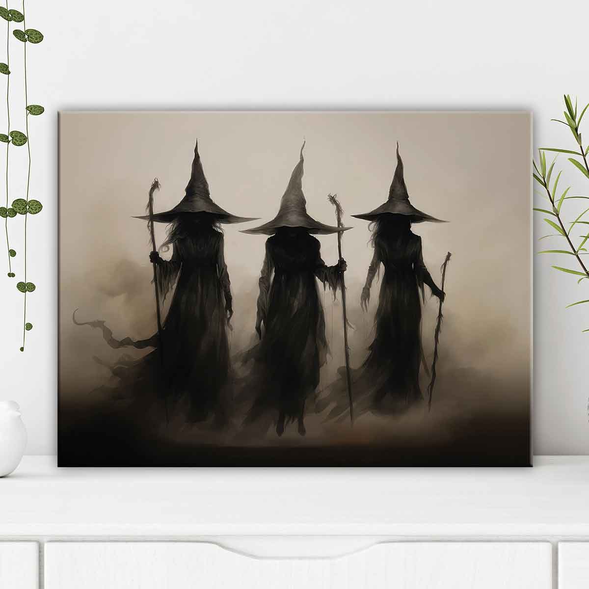 Wooden Framed Canvas Painting, 1-3 Count Mysterious Black-robed Wizards Fantasy Poster, Halloween Decorative Poster, Modern Art Decoration, Home Decoration for Living Room Bedroom, Ornaments