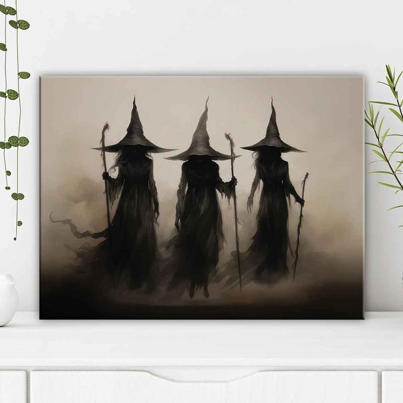 Wooden Framed Canvas Painting, 1-3 Count Mysterious Black-robed Wizards Fantasy Poster, Halloween Decorative Poster, Modern Art Decoration, Home Decoration for Living Room Bedroom, Ornaments