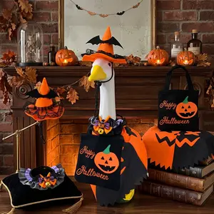 Halloween Porch Goose Outfits for 23"/17" Lawn Statues, 4-Pc Costume Set with Jack-o'-Lantern Cape, Bat Wing Witch Hat, Bell Collar, Trick-or-Treat Candy Bag, Spooky Fall Decor for Outdoor Farmhouse Spaces