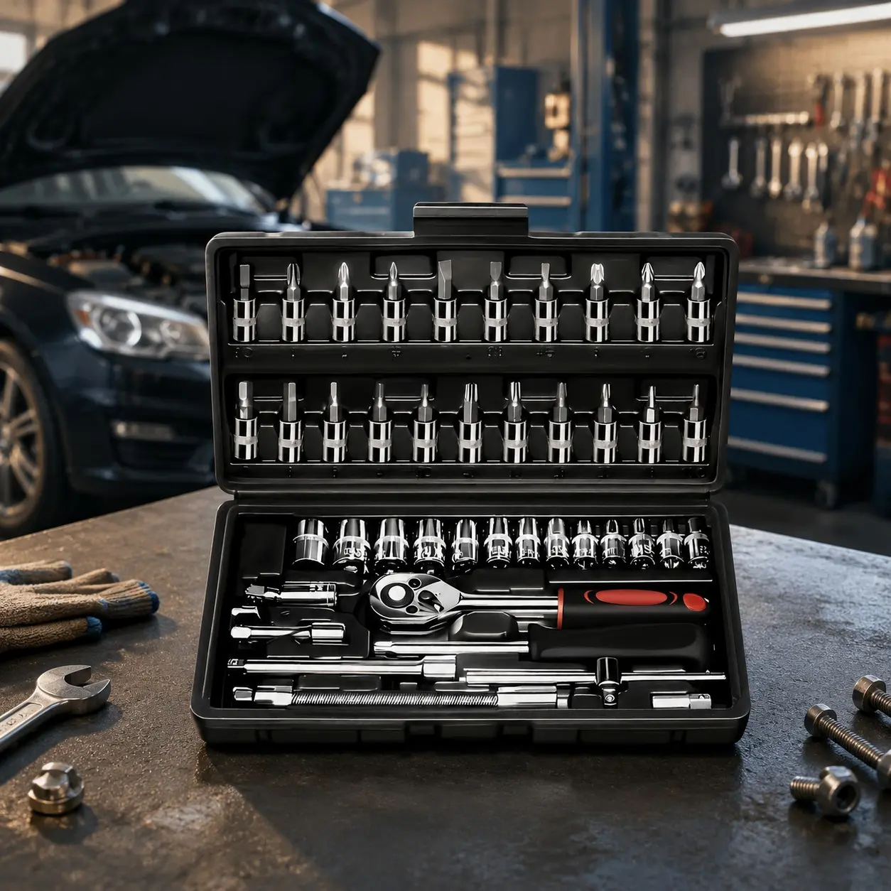 Auto Repair Tools, Ratchet Wrenches, 1/2", 1/4", 3/8" Sae Metric Socket Wrench Set, Home, Garage, Vehicle Maintenance, Highway Emergency Tools
