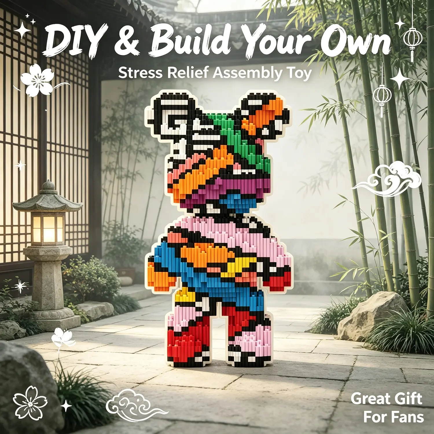 Chinese Garden Colorful Block Bear 3D Puzzle Ornament, Home Office Decor, Party Decoration, Ideal Gift, Handmade Craft, Lightweight Statue