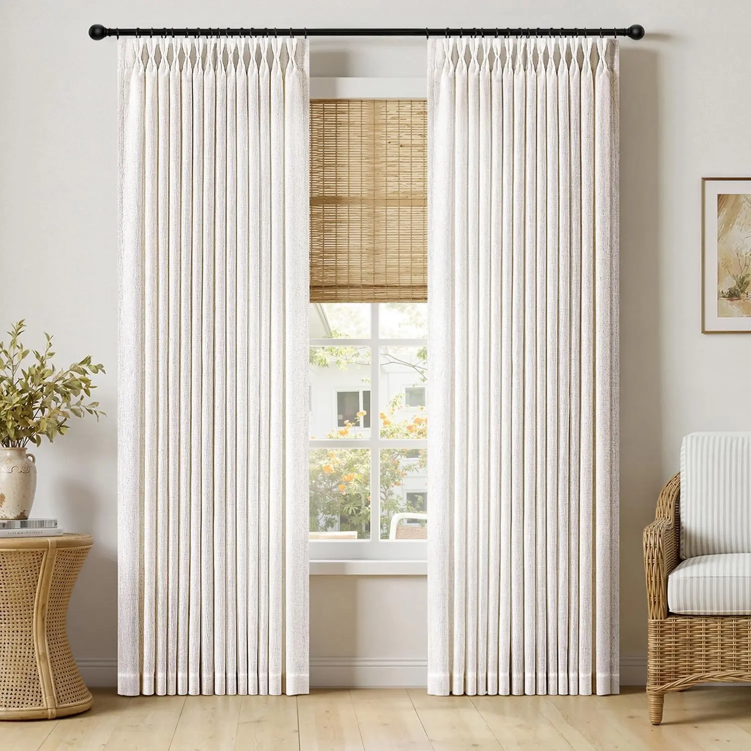 Pinch Pleated Linen Curtains 90 Inches Long 2 Panels Natural | Long Thick Curtains for Living Room Bedroom,Memory Trained Pinch Pleat Drapes,Back Tab Light Filtering,with Hooks