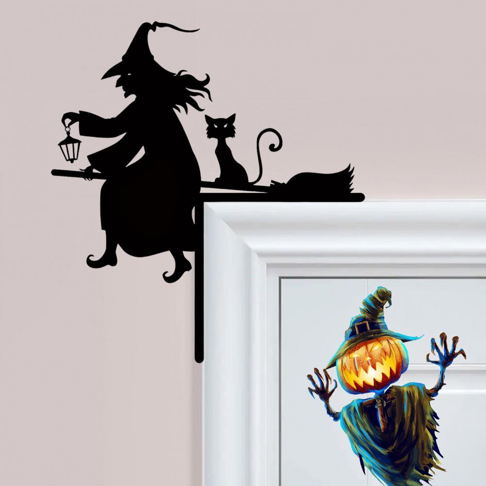 Halloween Door Corner Sign Metal Witch Cat Bat Ghost Spider Web Door Topper Sign Home Door Window Frame Decoration