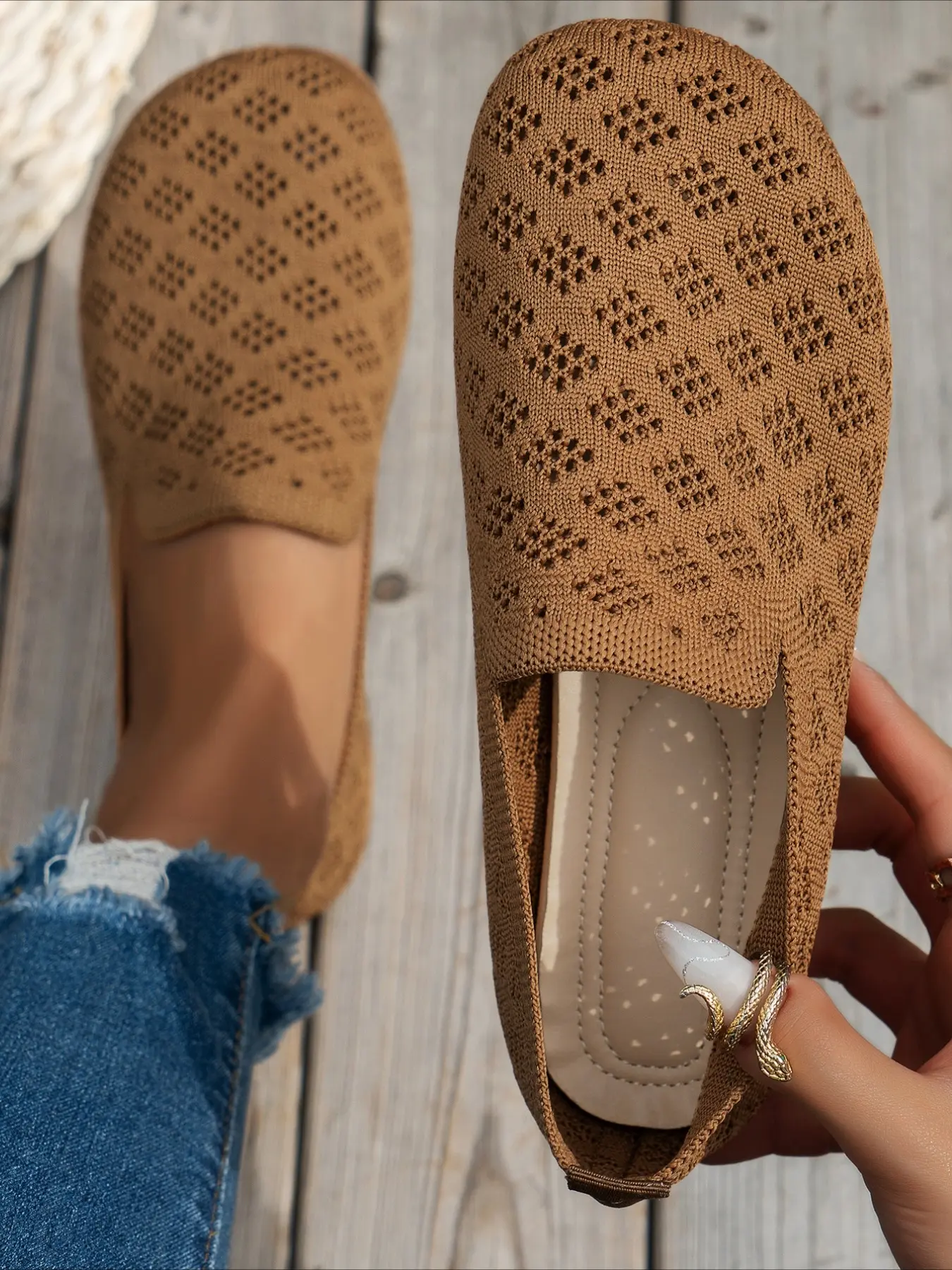 1 Pair Breathable Hollow Knit Slip-On Loafers for Women, Lightweight Mesh Flats, Simple Versatile Casual Footwear for Commuting & Daily Outings, Allday Knit Shoe