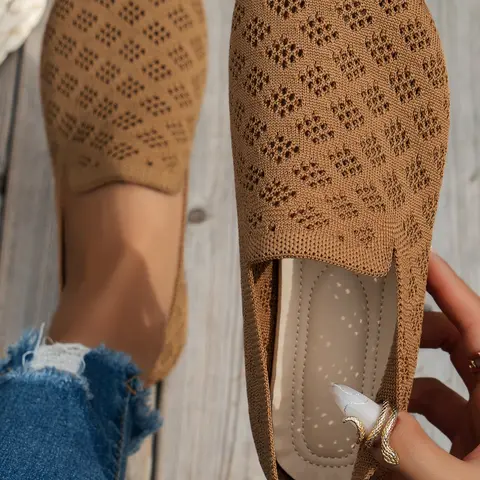 1 Pair Breathable Hollow Knit Slip-On Loafers for Women, Lightweight Mesh Flats, Simple Versatile Casual Footwear for Commuting & Daily Outings, Allday Knit Shoe, Summer Casual Shoes