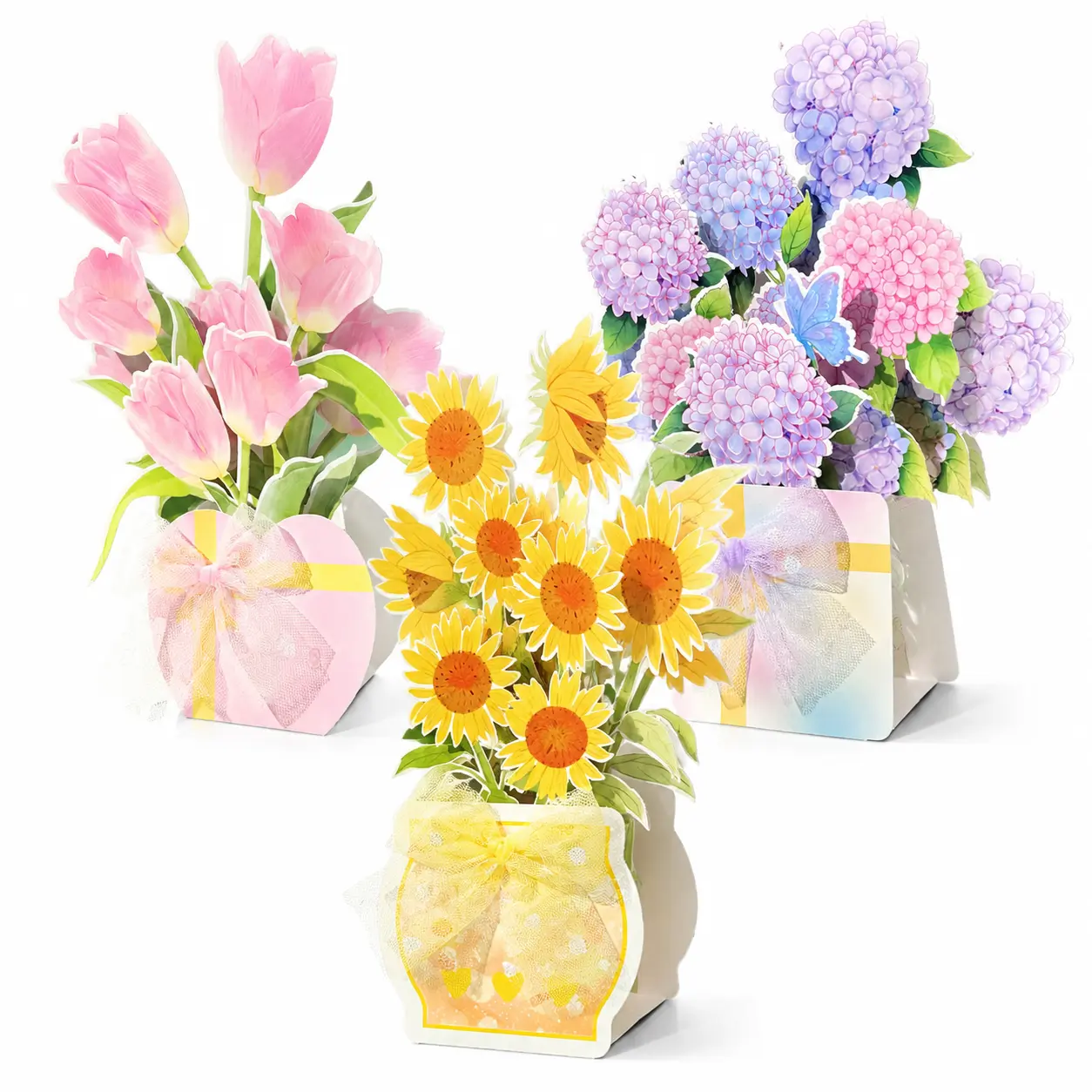 Free 6 Colorful Gel Pens, 3 Pack Flower Bouquet 3D Pop‑Up Greeting Cards, Hydrangea Sunflower Tulip Pop‑up Cards with Envelopes for Birthday Thank You All Occasions