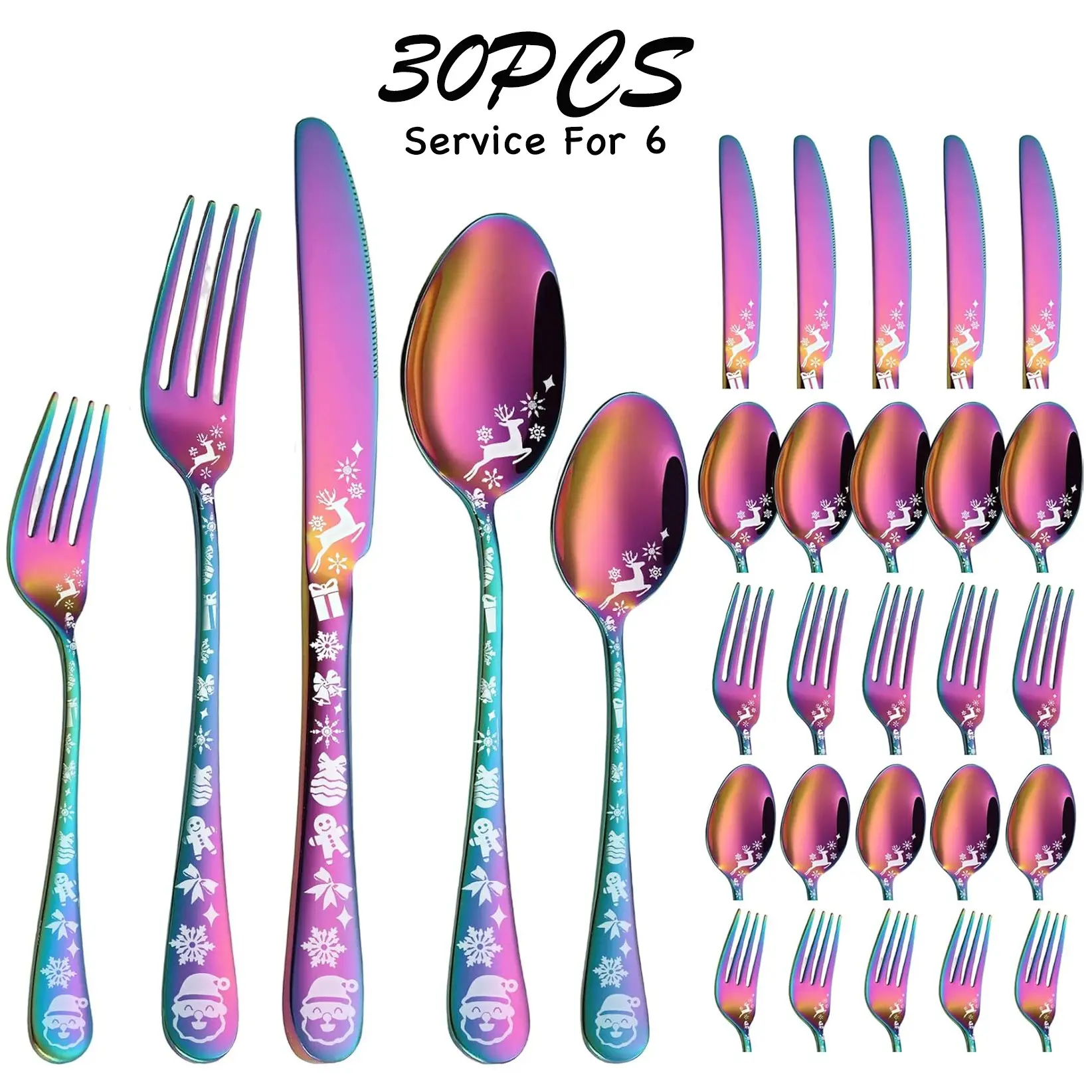 30-Piece Christmas Themed Cutlery Set for 6 People, High-Quality Stainless Steel, Perfect for Holidays, Great Gift Idea