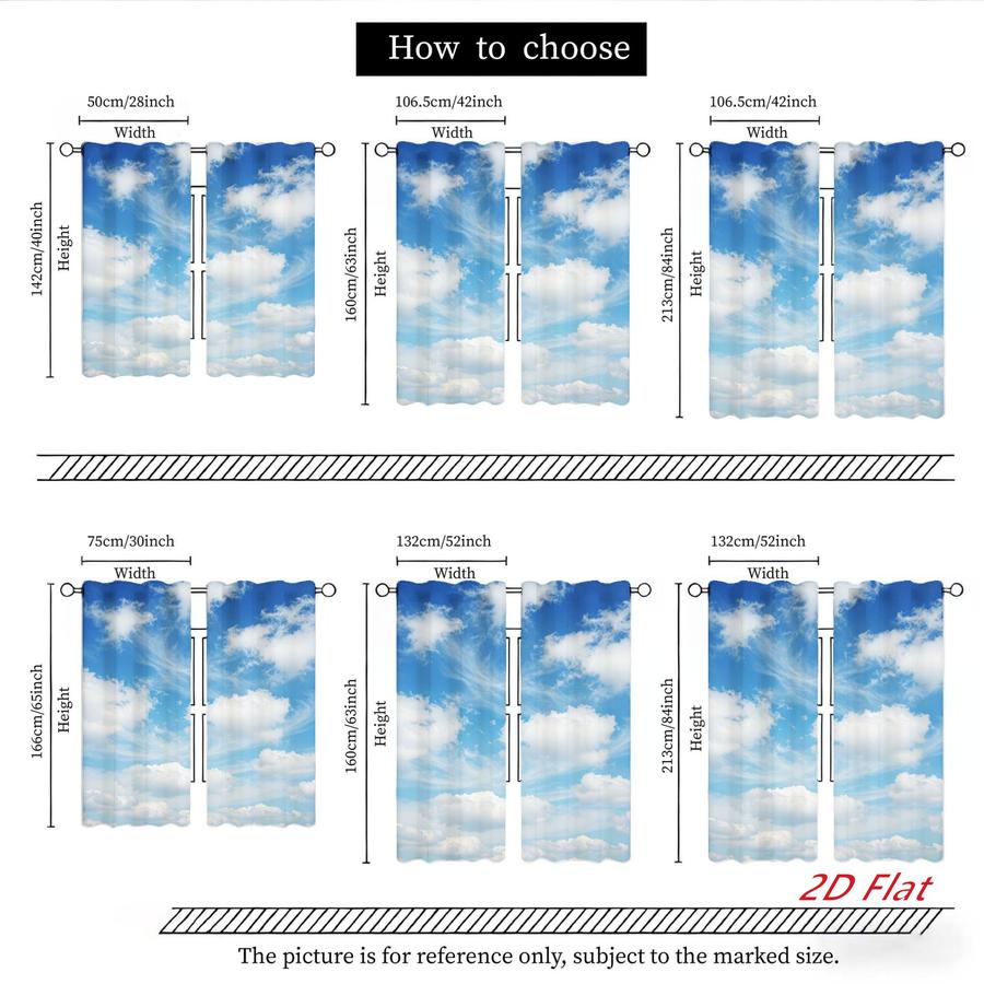 2Pcs Blue Sky White Cloud Pattern Landscape Sun Blocking Curtains Digital Printed Rod Pocket, Window Treatment For Bedroom Office Kitchen Living Room Study Home Decor