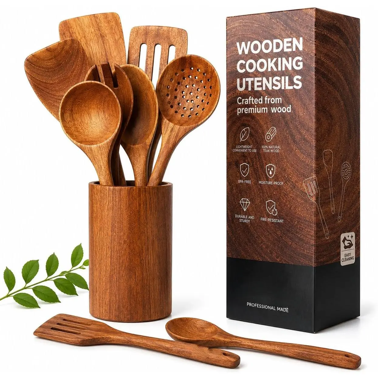 Wooden Spoons for Cooking - 8-Piece Wooden Kitchen Utensil Set made of Natural Solid Wood Material-Includes Spoons,Spatulas,Ladles,Mixing Spoon and Utensil Holder,Valentine's Day Gifts