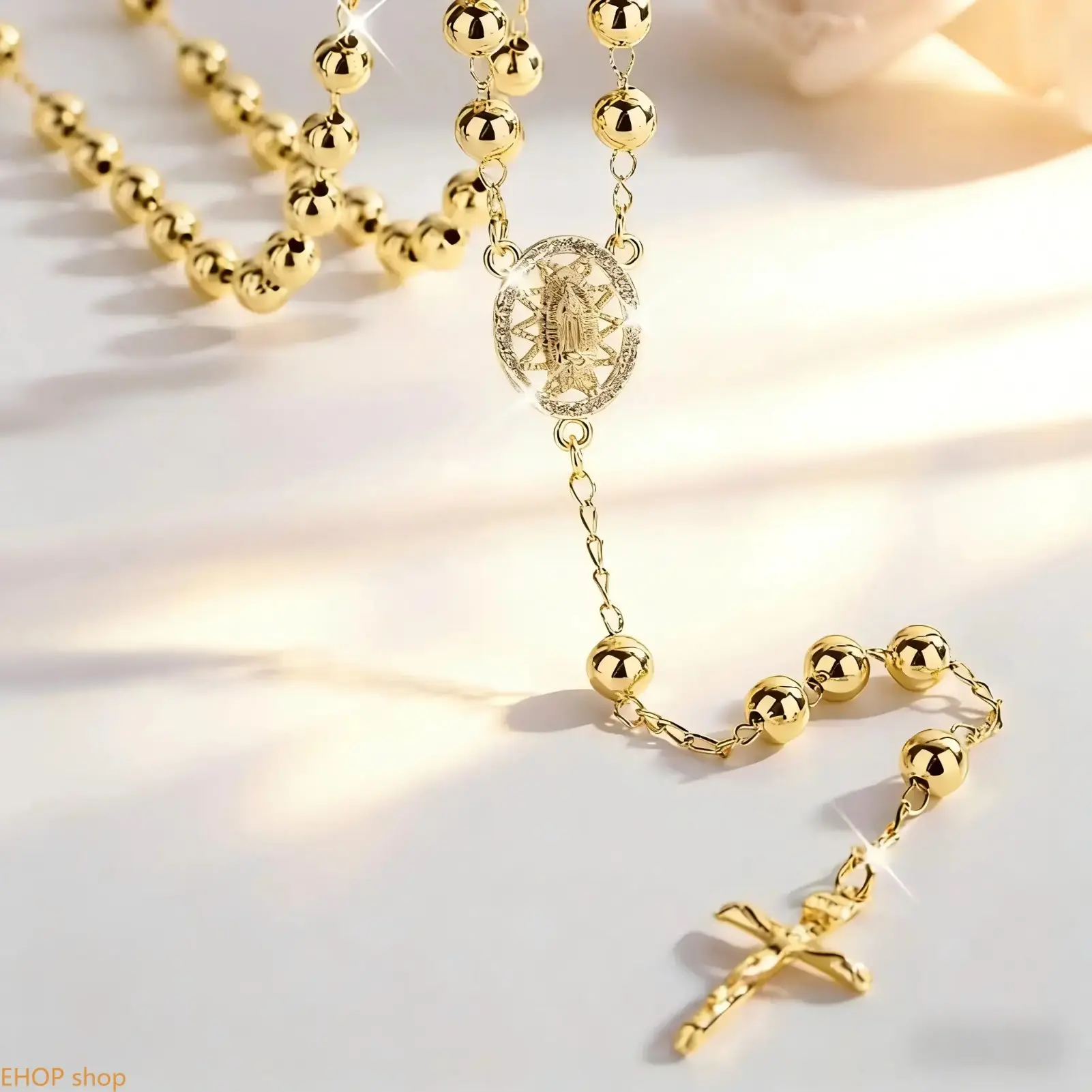 Hollow Our Lady of Guadalupe Pendant Prayer Bead Necklace Cross Detail Gold Plated 6mm Round Bead Religious Faith Jewelry Holiday Blessing Gift