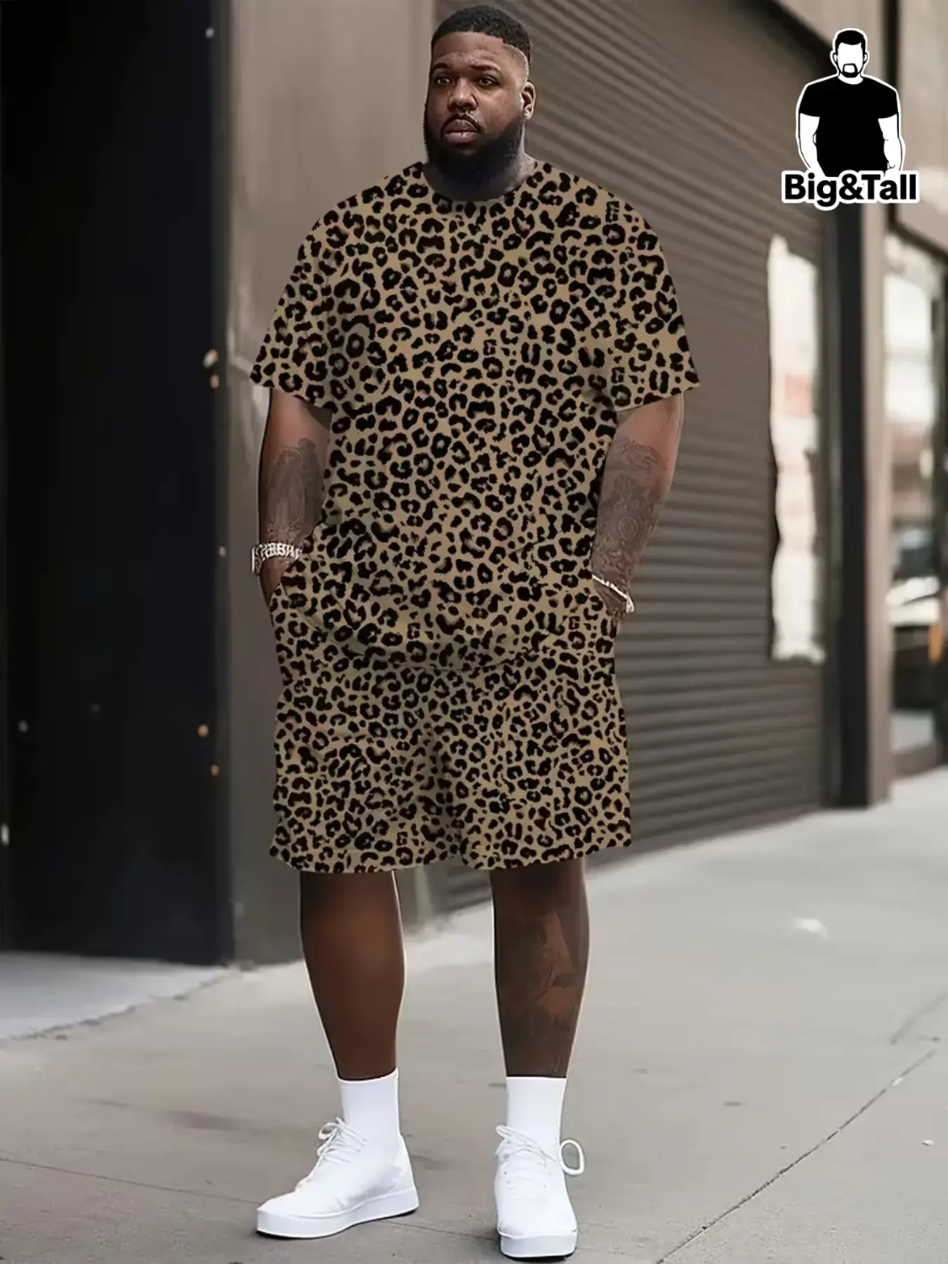 Men's Plus Size Classic Summer Leopard Print Short Sleeve Set, Loose Shorts Set, Matching Sets, Quick-Dry Sporty Outdoor Round Neck T-Shirt and Shorts, Comfortable Casual Workout Menswear Clothes, Summer Outfits Set