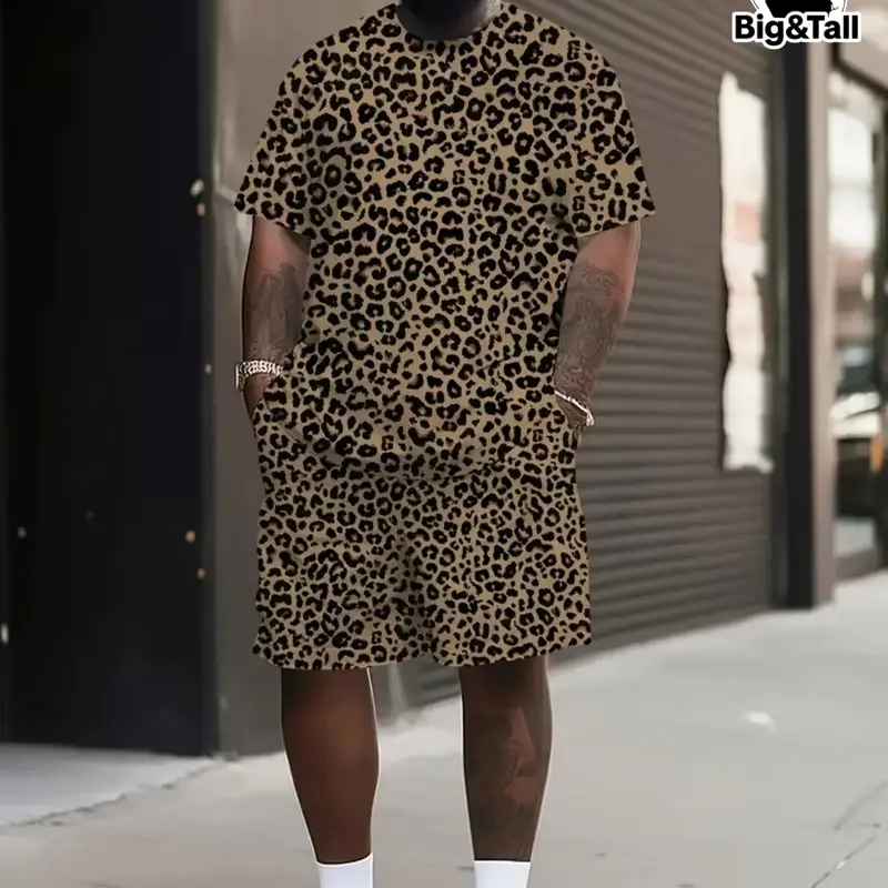 Men's Plus Size Classic Summer Leopard Print Short Sleeve Set, Loose Shorts Set, Matching Sets, Quick-Dry Sporty Outdoor Round Neck T-Shirt and Shorts, Comfortable Casual Workout Menswear Clothes, Summer Outfits Set