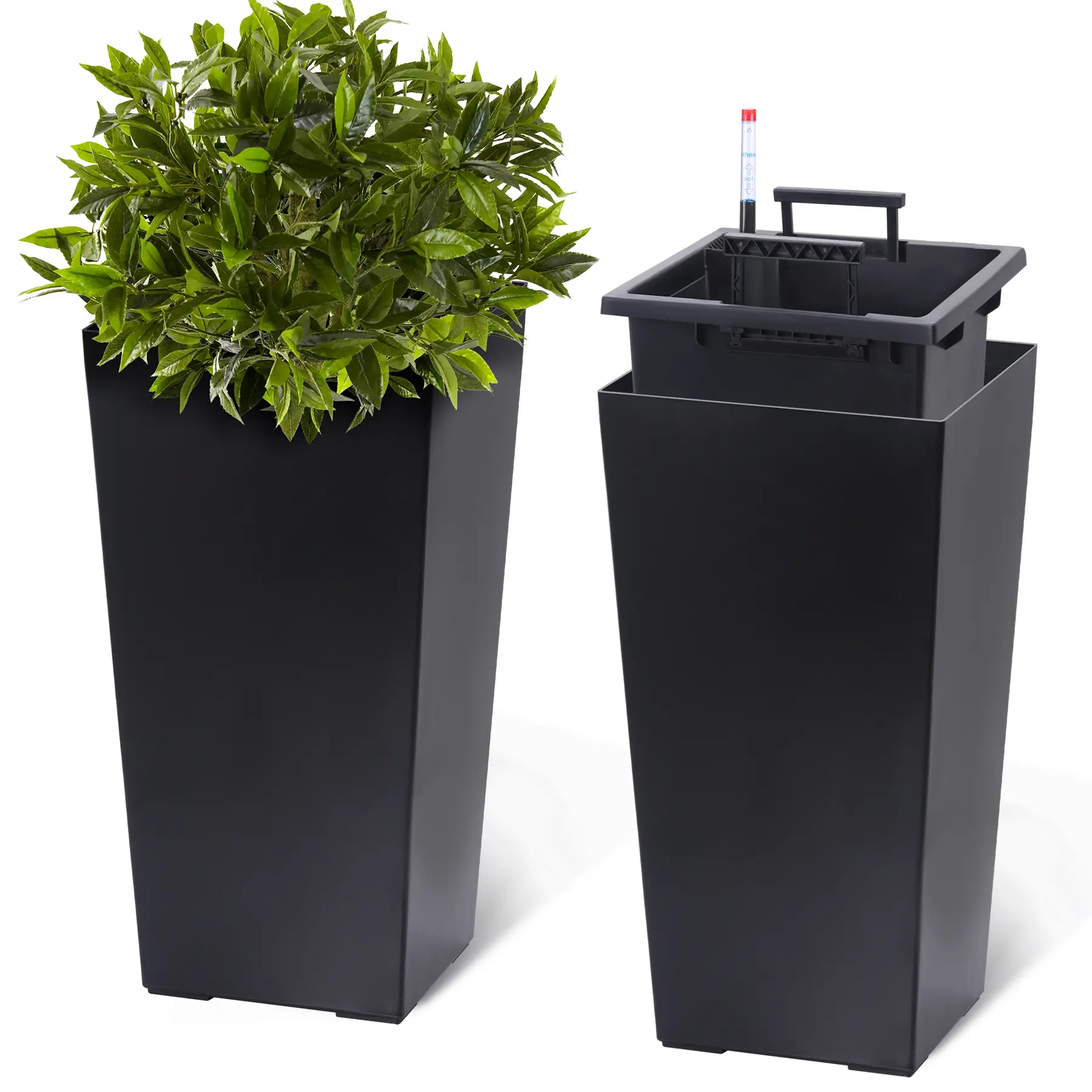 Set of 2 Tall Black Self-Watering Planters – Modern Indoor Outdoor Plant Pots with Drainage Holes, Water Level Monitor, and Inner Bucket – Ideal for Porch, Patio, or Home – 16" & 23" Heights