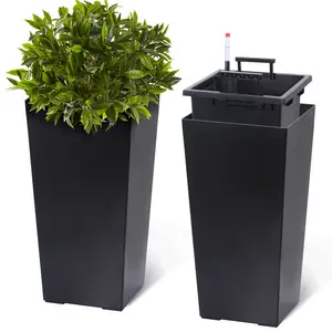 Set of 2 Tall Black Self-Watering Planters – Modern Indoor Outdoor Plant Pots with Drainage Holes, Water Level Monitor, and Inner Bucket – Ideal for Porch, Patio, or Home – 16" & 23" Heights
