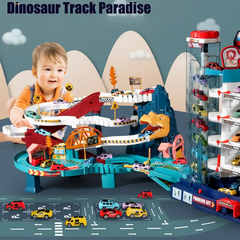 Dinosaur Mountain Track Car Toy Set, Electric Race Track with Circular Slide, Parking Lot, Music and Lights, Mini Alloy Cars, Educational Gift for Toddlers