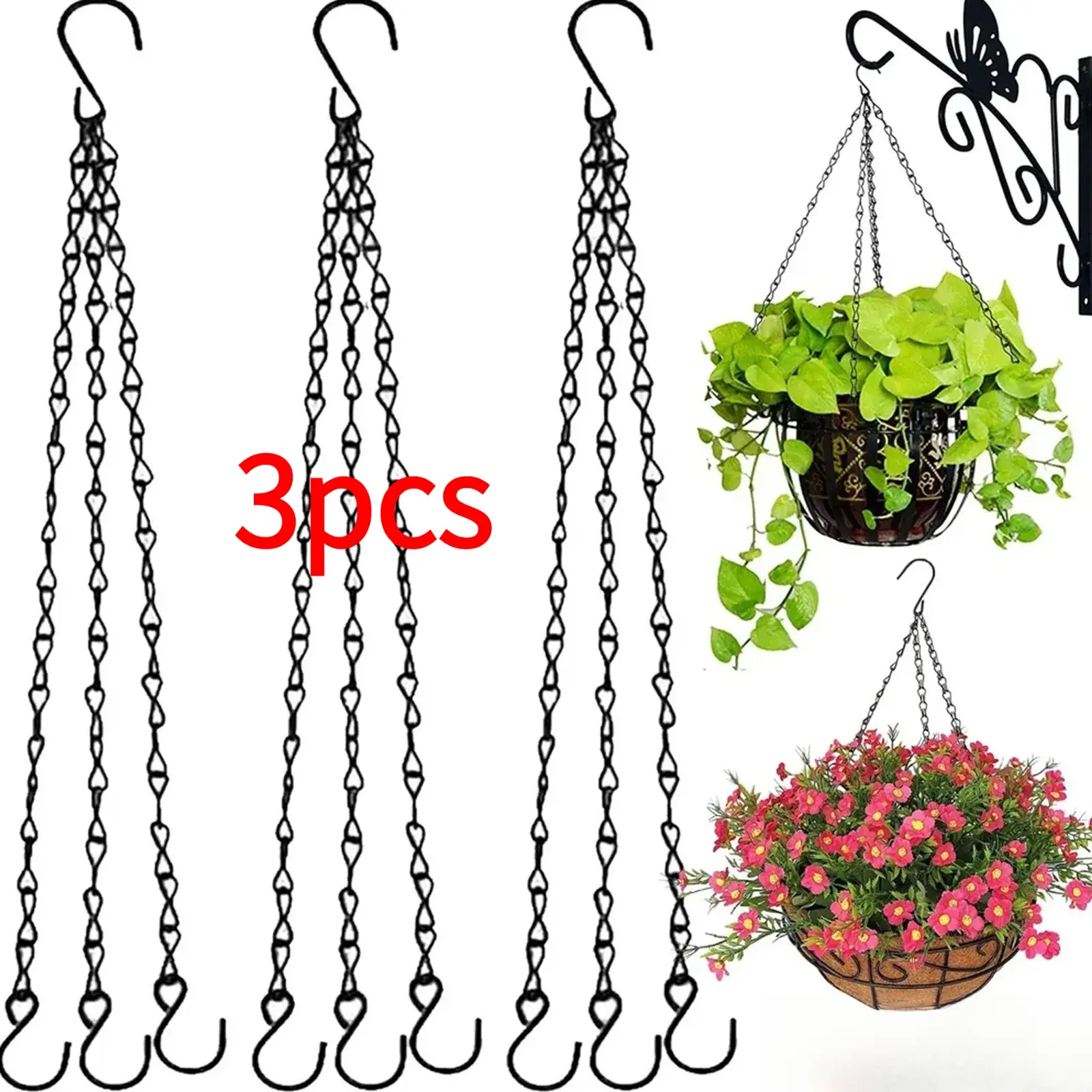3-Piece set of 12 hooks metal hanging flower basket chain,green plant hanging iron chain,planting supplies,hanging flower pot chain,flower basket hanging chain, Plant Hanger,suitable for garden decoration,flower baskets,bird feeders and potted plants