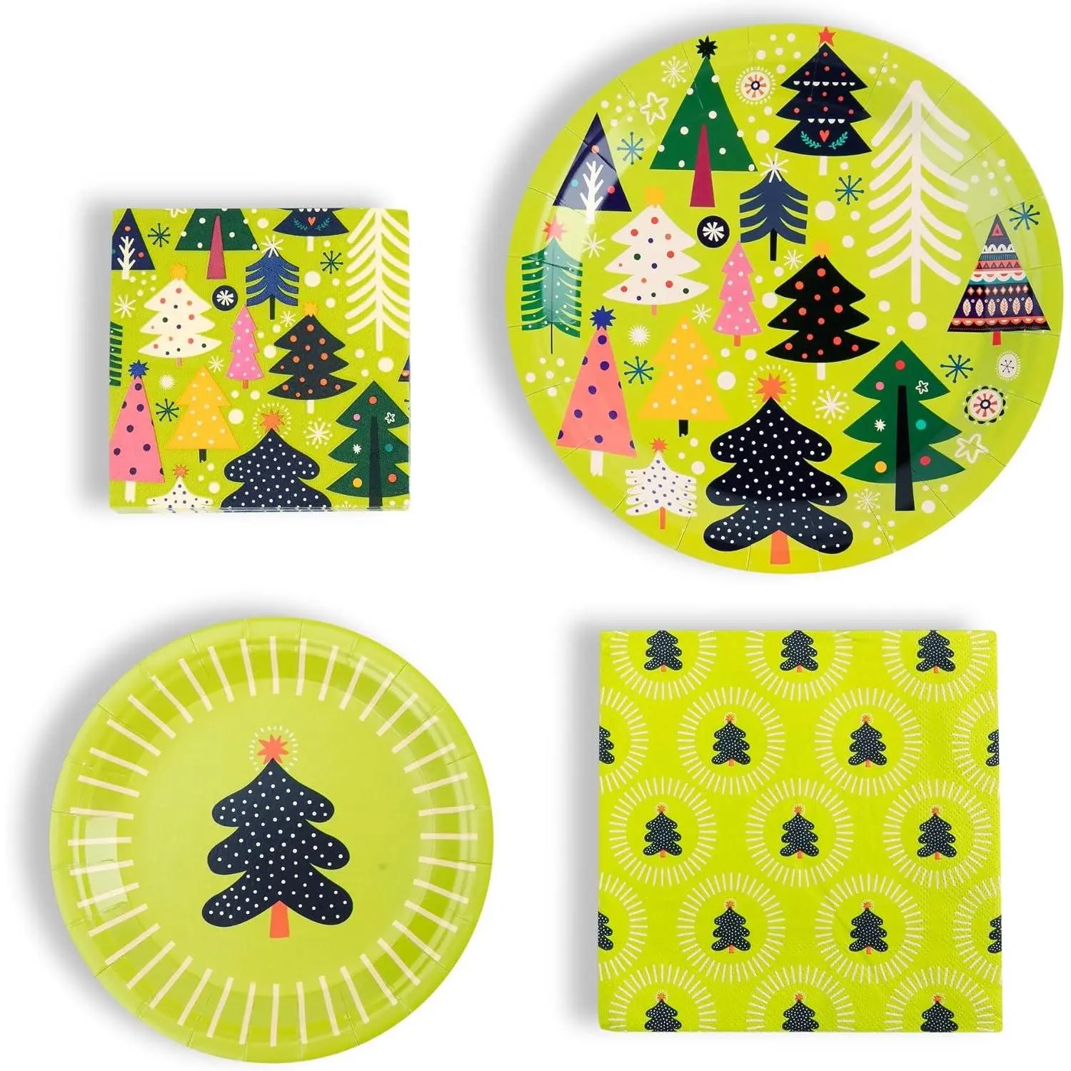 Christmas Paper Plates and Napkins Set, Heavy Duty Holiday Dinnerware Set, Disposable Party Supplies - Bright, Colorful  Trees with Ornaments, 80 count - Serves 16 Guests