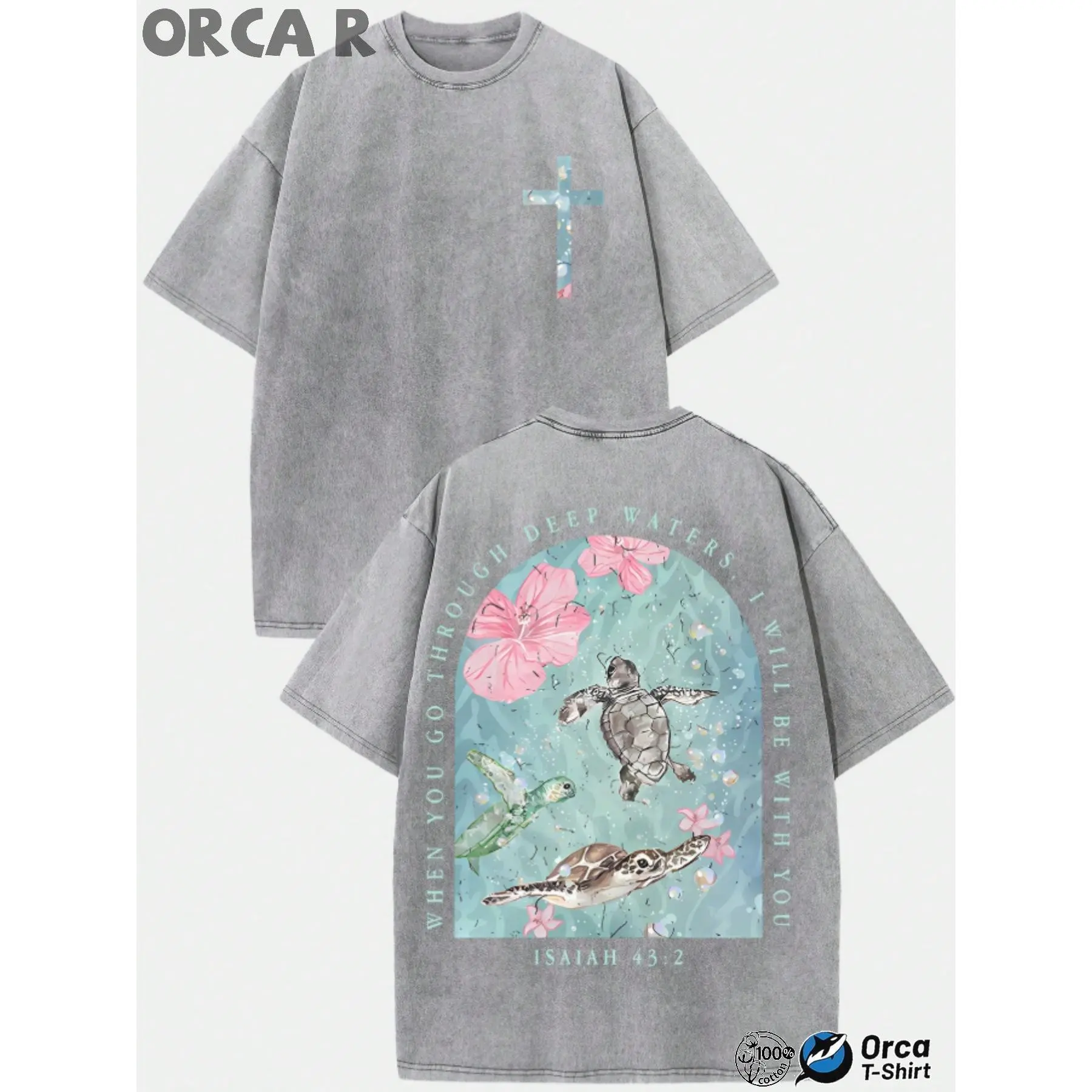 Men's Vintage Washed Pure Cotton Baggy T-Shirt - Oversized Streetwear Fashion Apparel, Good Vintage Graphic Tees with Sea Turtle & "I Will Be with You" Text Print, Men's Wear Loose Fit Casual Machine Washable Soft Daily Top, Oversized T Shirt, Clothing, T