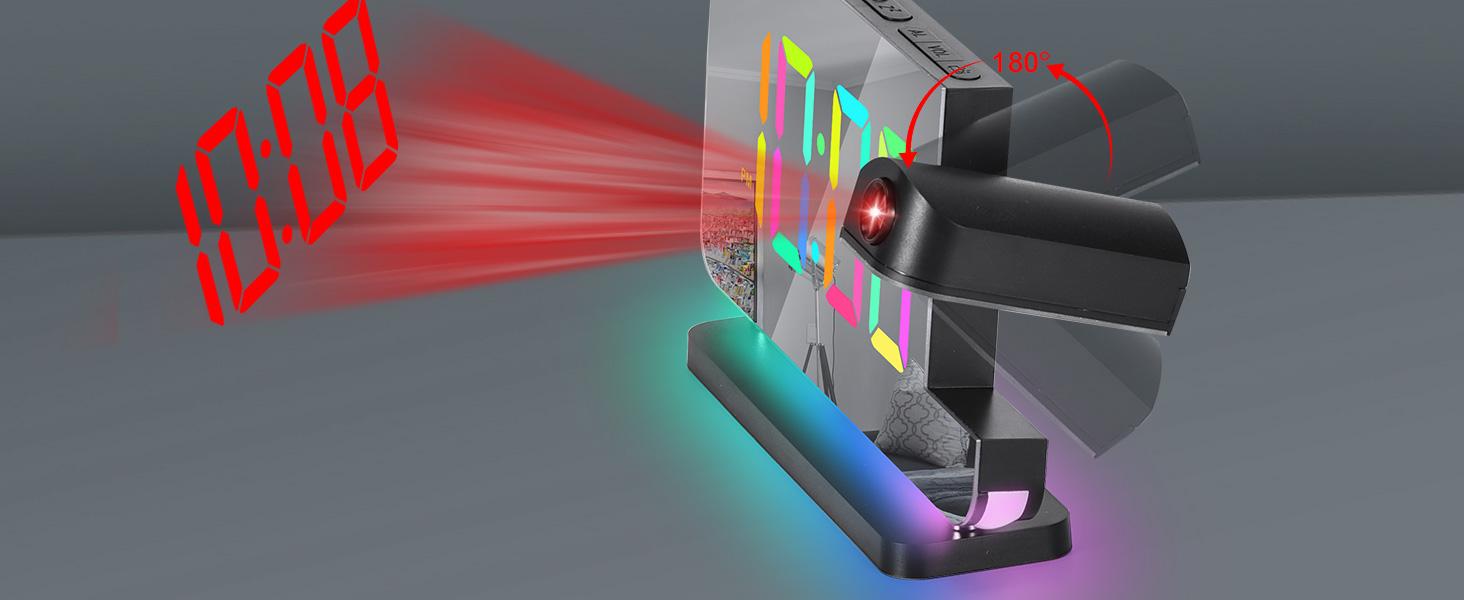 STANDARD GOODS 3C9--MPP024   Projection Alarm Clock, 7.4 in Digital Mirror Clocks,with 180° Rotatable Projector, RGB Night Light,USB C Charger Port, Auto Dimmer, LED Desk Clock for Bedroom - Black