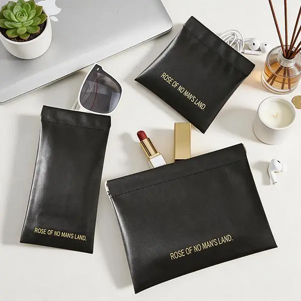 3Pcs Auto Close PU Leather Pouches, Spring Loaded Self Snap Mini Storage Organizer Bags, Portable Anti-Lost Travel Pouch for Earbuds, Airpods, Sunglasses, Cables, Coins, Jewelry, Cosmetics & Small Daily Gadgets Accessories