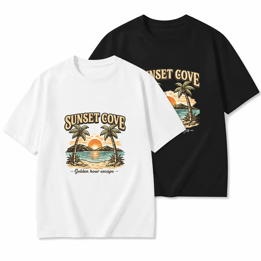 2 Pack Sunset Cove Graphic T-Shirts for Men & Women, Vintage Beach Sunset Tee, Summer Vacation Shirt, Casual Unisex Cotton Top