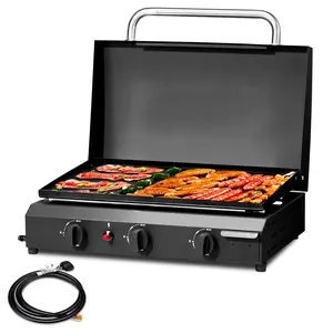 3-Burner Flat Top Gas Griddle 30,000 BTU - Ceramic Coated Cast Iron Pan for Outdoor BBQ & Backyard Cookout