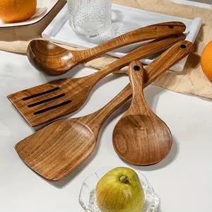 4pcs Wooden Kitchen Utensils Set, Non-Stick Salad Fork Spoon, Spatula, Skillet Turner, Durable Fashion Kitchen Tools, Wooden Cooking Tools, Ideal Gift