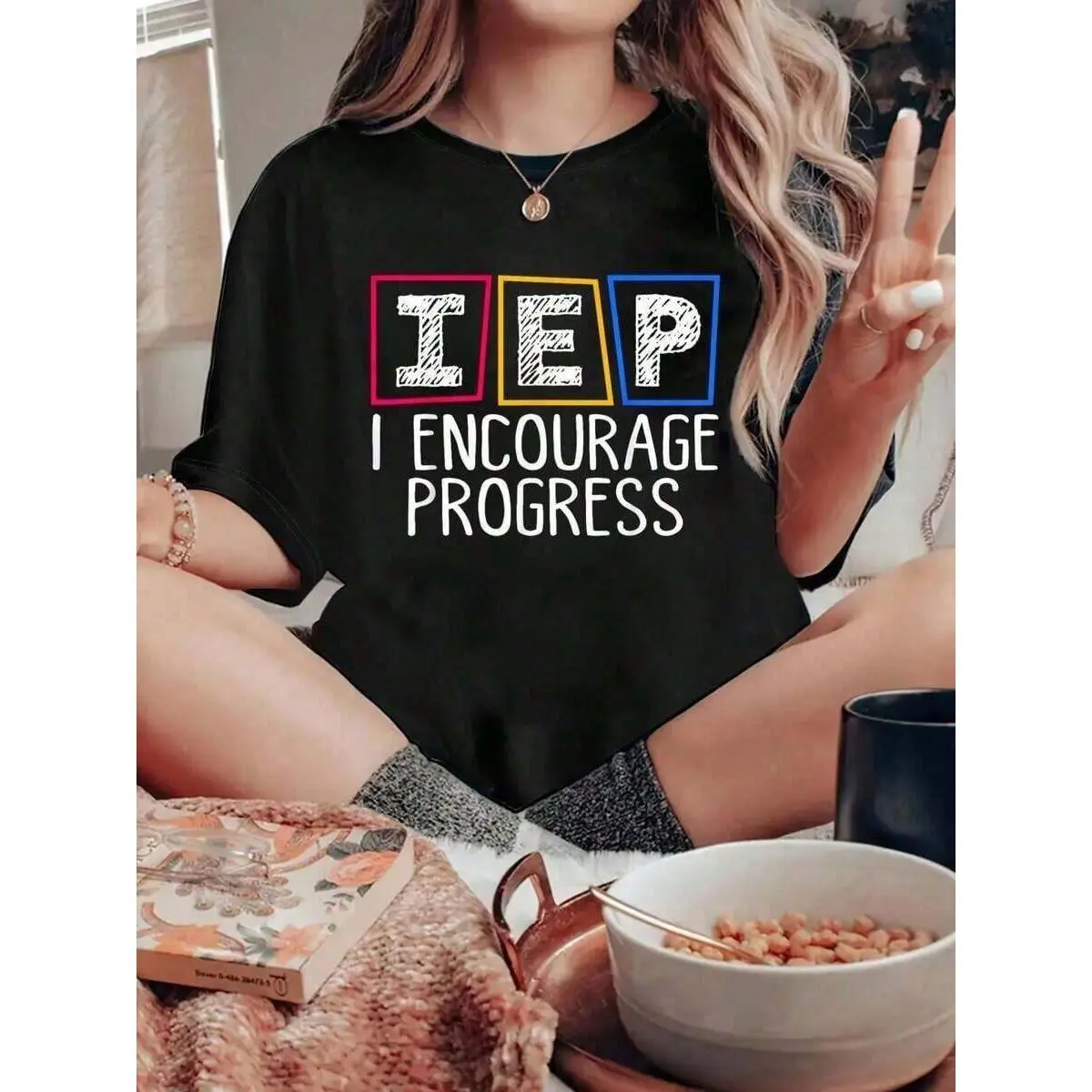 Back to School IEP I Encourage Progress Special Education Teacher Sped T-Shirt, Women's Round Neck Short Sleeve T-Shirt, Fashion Graphic Tees, Women's Top T-Shirt - Oversized Casual Short Sleeve Round Neck Tee, Soft Breathable Fabric