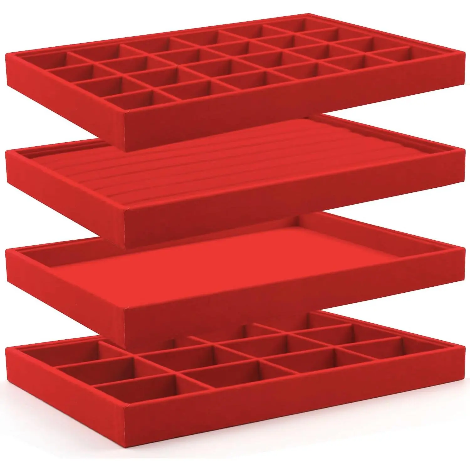 Tray, 4 Pack  Organizer   Tray Stackable  Trays, Necklace & Earring Holder, Divided Bracelet & Ring Storage, 13.8"x9.5"x1.2" - Elegant Display Case (Red)