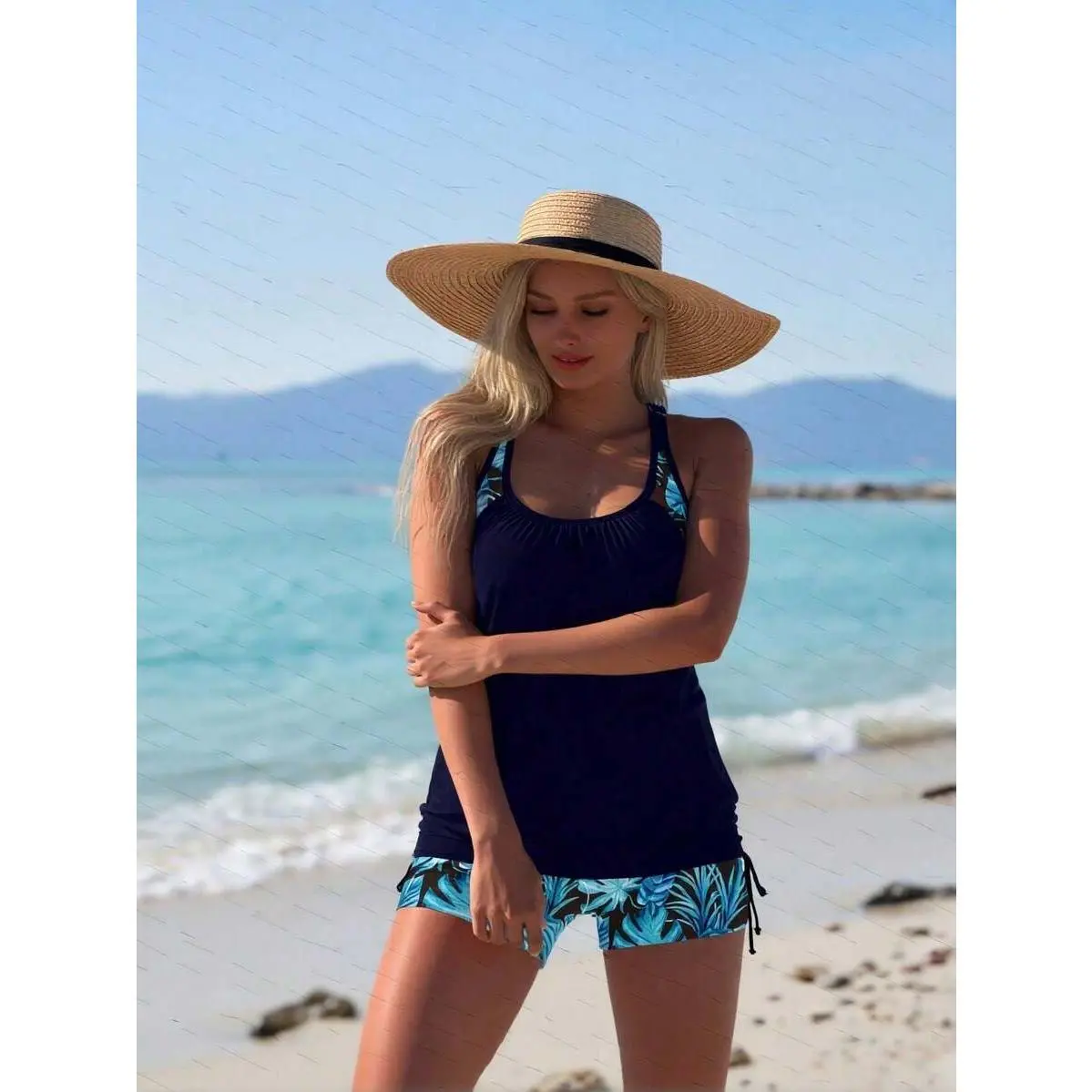 Women's Modest 2-Piece Tankini Set with Boho Tropical Print Shorts, High Stretch Knit Fabric, Navy Blue Frill Top