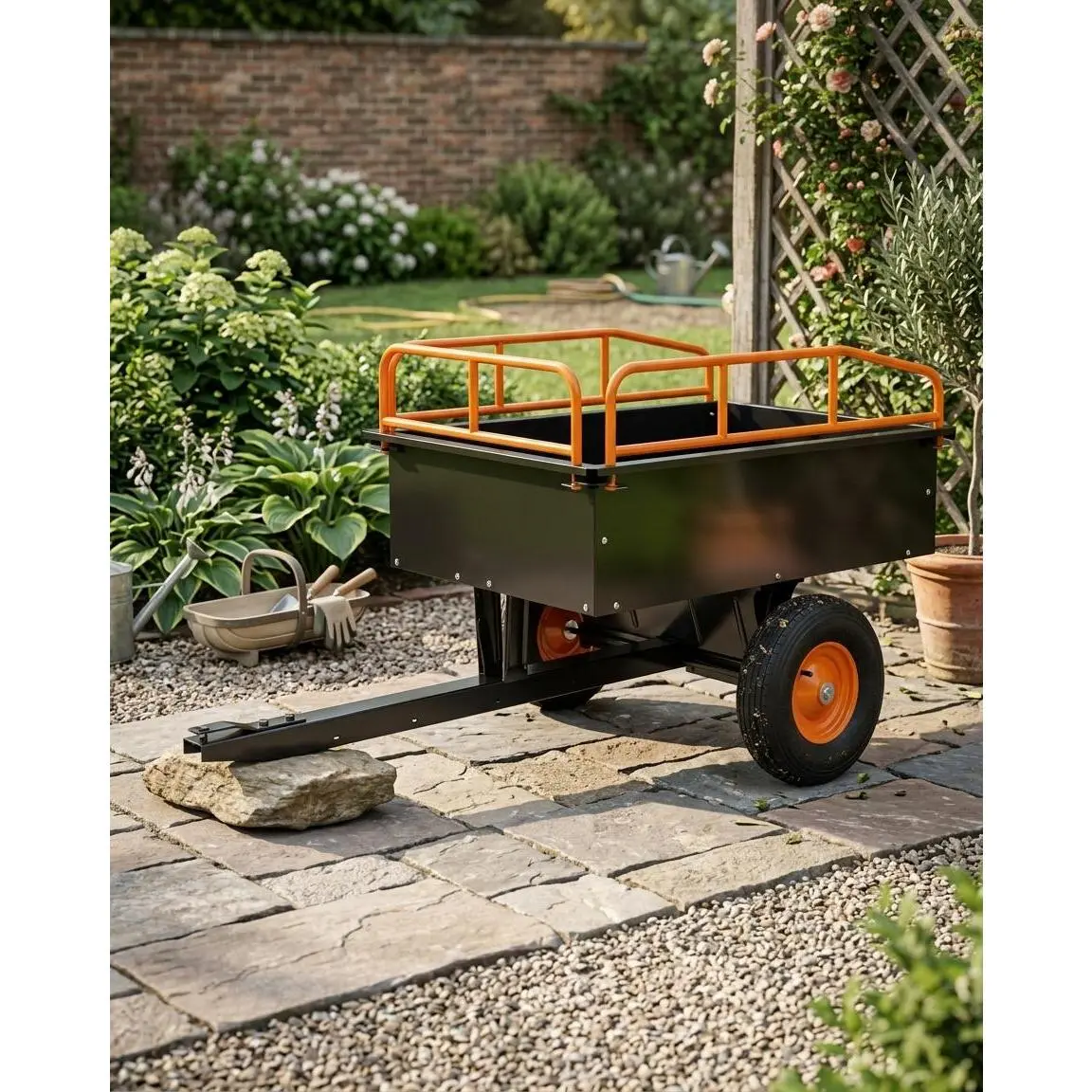 Heavy Duty Steel ATV Dump Cart for Outdoor Lawn & Garden – 15 Cu.Ft, 750 lbs Capacity, Removable Sides, Tow Behind Utility Wagon for Riding Mower & Tractor – Ideal for Landscaping Tasks