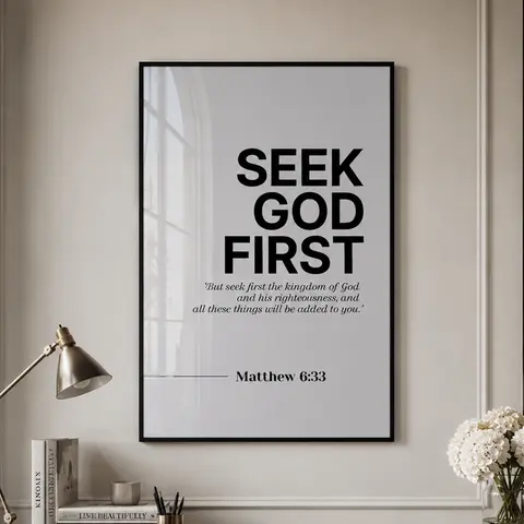 Artistic Matthew 6:33 "Seek God First" Bible Verse Print, Waterproof Christian Wall Art, Multi-Size House Decor with Box, Unique Room Decor (Black Frame Ready to Hang, Choose Framed-Gallery Wrap-or DIY) Fast US Delivery