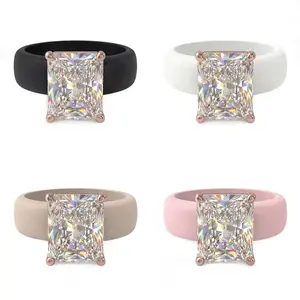 Women's Silicone Ring with Large Rectangle CZ Stone, Rose Gold Prong Setting, Comfortable Sport Wedding Band,