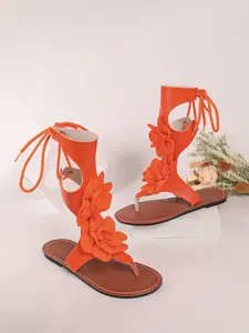 Women's Floral Open-Toe Flat Shoes, Summer Fabric Sandals, Sexy Style, PU Leather Upper, Rubber Sole, Spring & Fall Wear