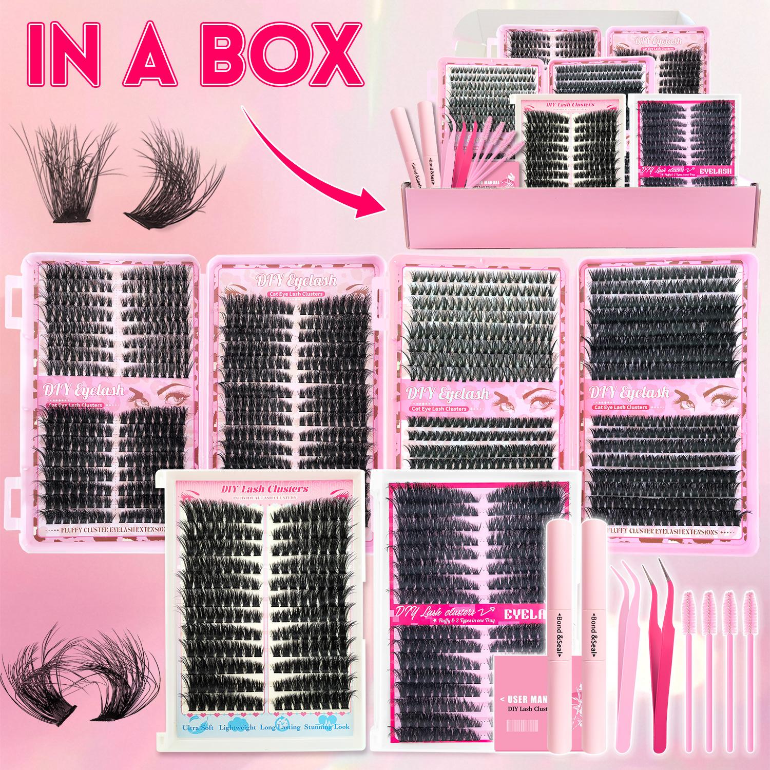 Eyelash Extensions Kit, 1 Set Mixed Length Diy Eyelash Kit, Style False Eyelashes with Tweezers & Eyelash Bond Glue & Remover Eyelash Enhancing Tool, Professional Eye Enhancement Tools, Cosmetic, Makeup, Lash Clusters, Baby Pink Comprehensive Kit