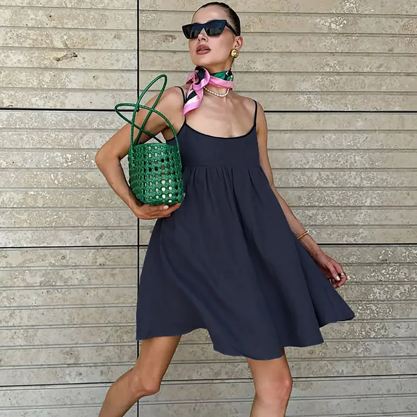 Solid Color Thin Strap Cami Dress Contrast Edge Scoop Neck Loose Flowy Babydoll Short Sundress