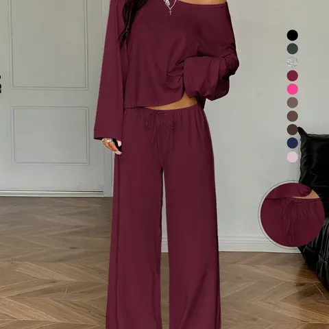 Women's off Shoulder Long Sleeve Loungewear Set, Wide Leg Drawstring Pants, Casual Sleepwear, Loose-Fitting, All Seasons