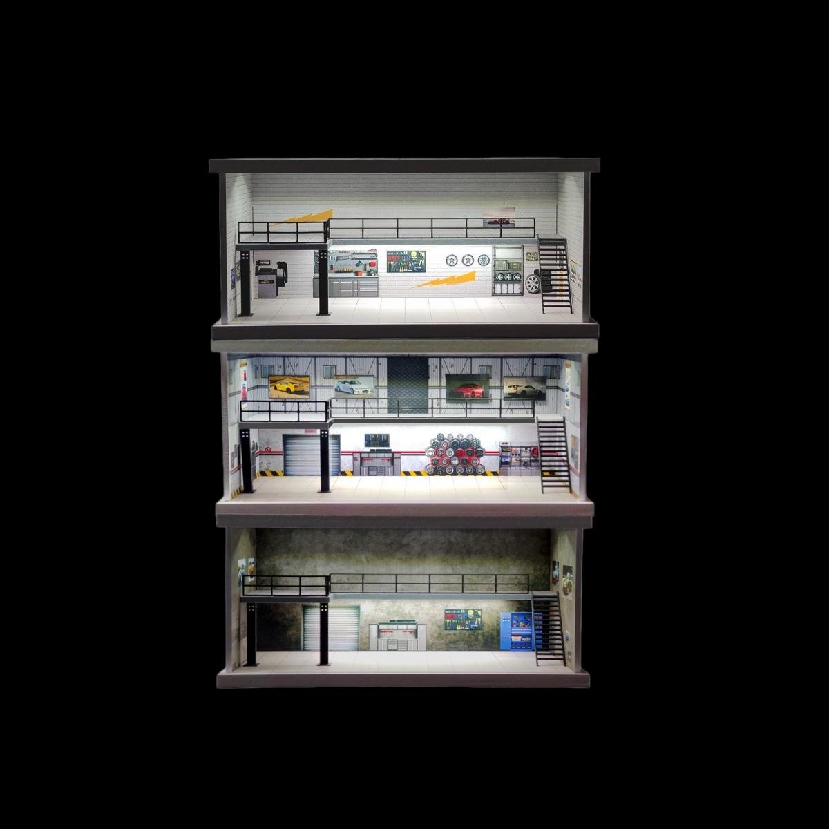 Diorama 1/64 Car Garage Model LED Lighting City Repair Workshop Two-storey Car Parking Lot Scene Display Model Collection Gift Toy