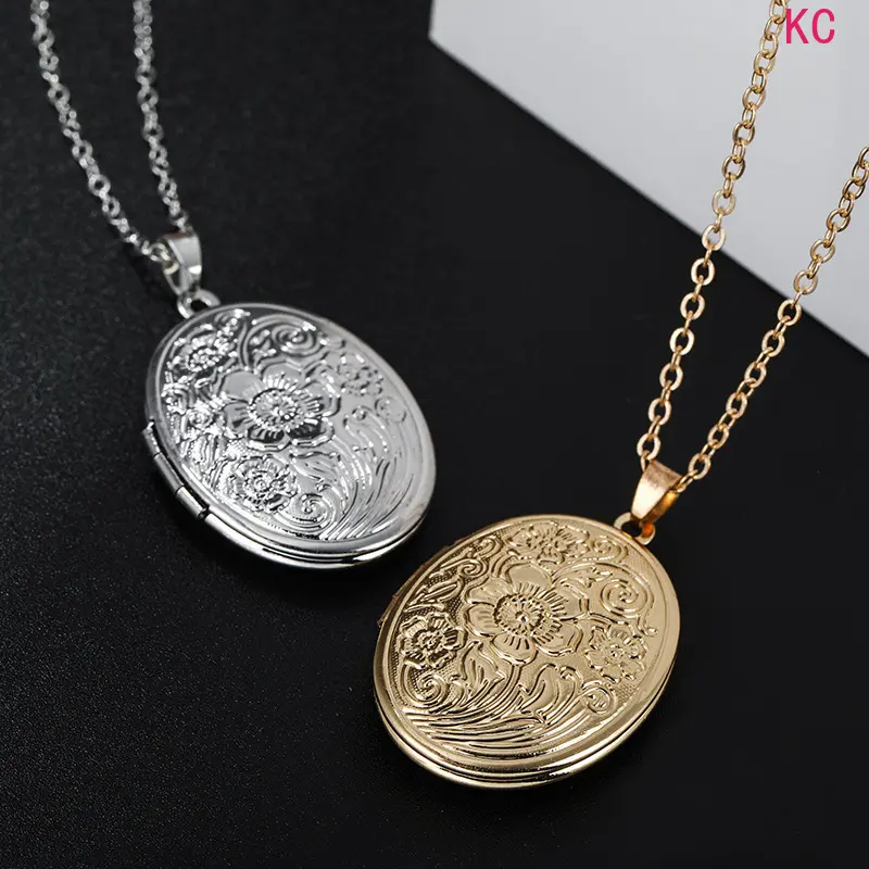 Vintage Engraved Oval Openable Locket Pendant Necklace For Women, DIY Customizable Minimalist Fashion Jewelry For Daily Outfits