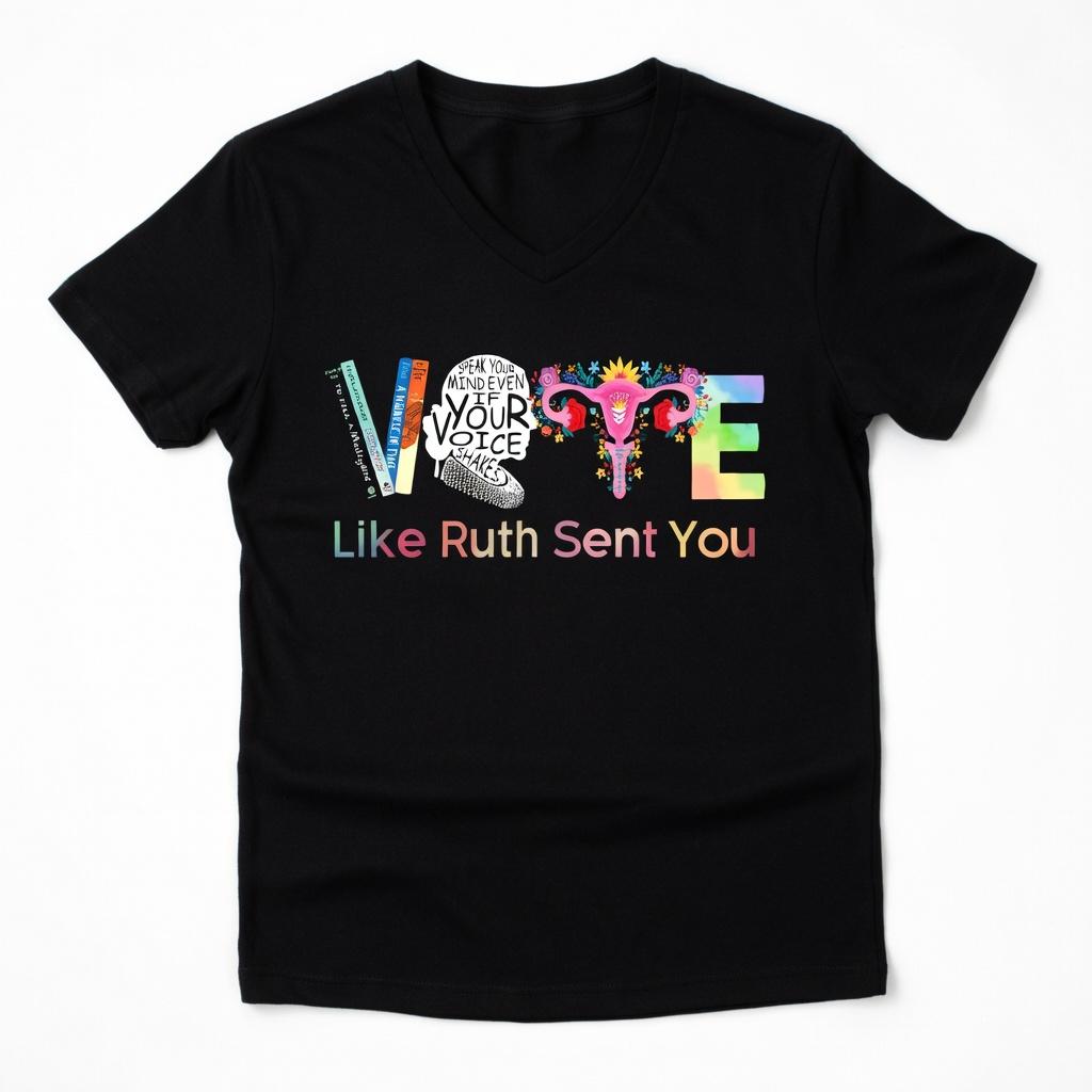 Vote Like Ruth Sent You V-Neck T-Shirt, Feminist Election Day Graphic Tee, Women's Rights & Equality Short Sleeve Apparel, Aesthetic RBG Legacy & Voter Gift Fashion Top, Viral Trendy Social Justice Statement Streetwear V-Neck