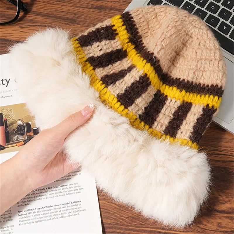 Winter Rabbit Fur Plush Handmade Knitted Hat for Women Men Outdoor Ear Protection Soft Warm Beanie Y2k Streetwear Knitted Hats
