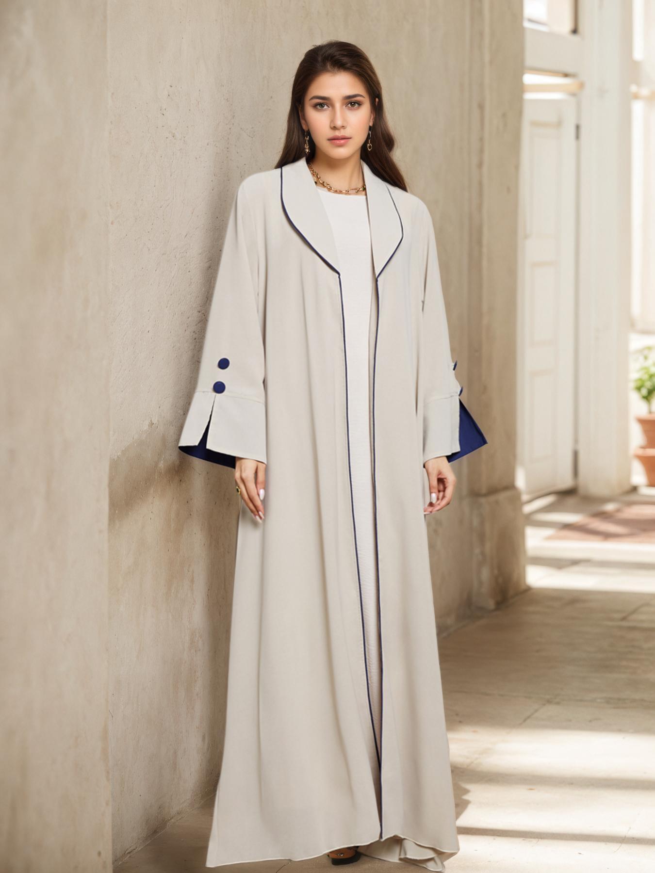 Women's Contrast Binding Open Front Abaya, Modesty Abaya, Elegant Long Sleeve Pleated Drawstring Outerwear for Spring & Fall, Ladies Islamic Clothing for Daily Wear