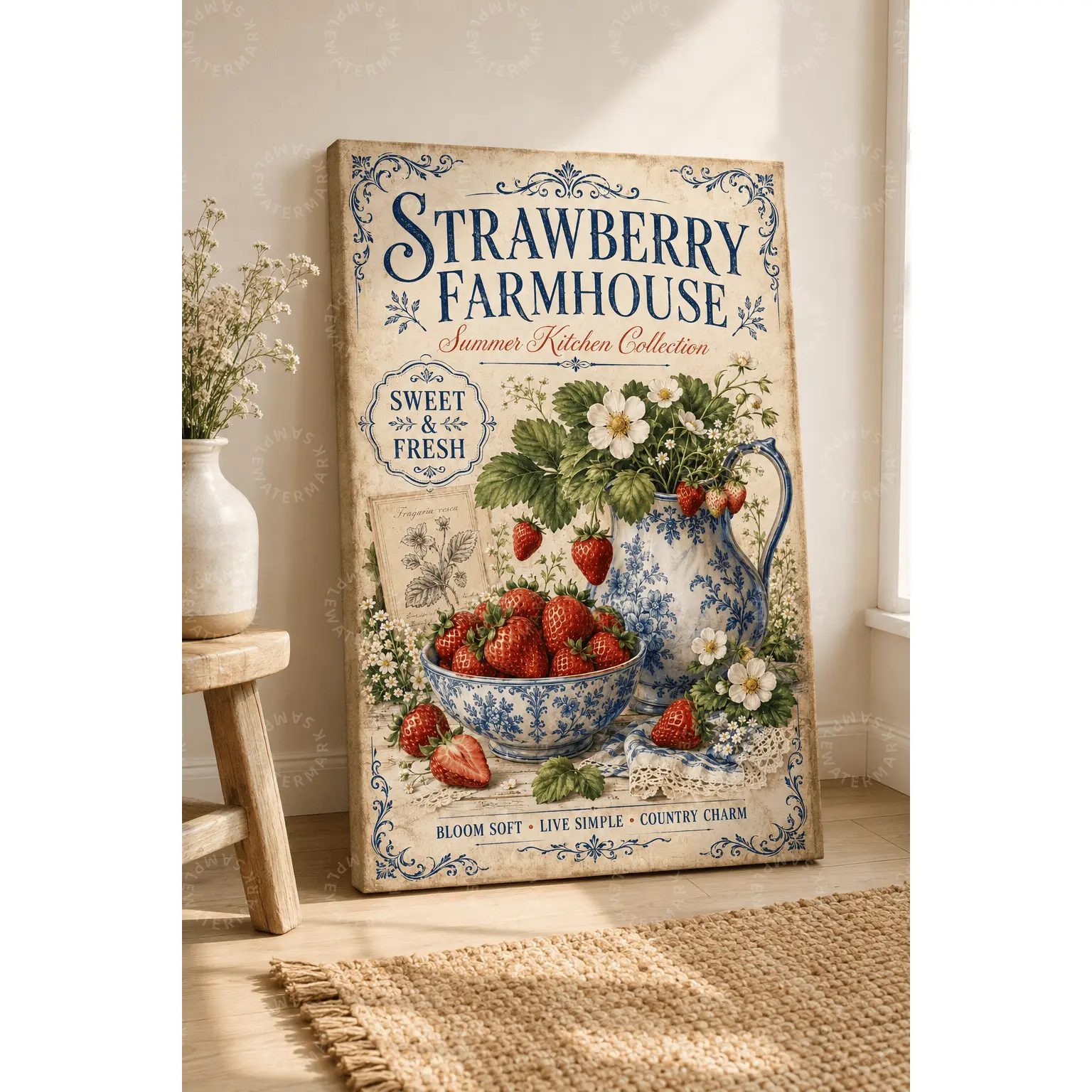 Strawberry Farmhouse Canvas Wall Art, Vintage Strawberry Kitchen Poster, Cottagecore Fruit Floral Print, Blue White Pitcher Rustic Farmhouse Decor, Bedroom Living Room Office Wall Art Gift