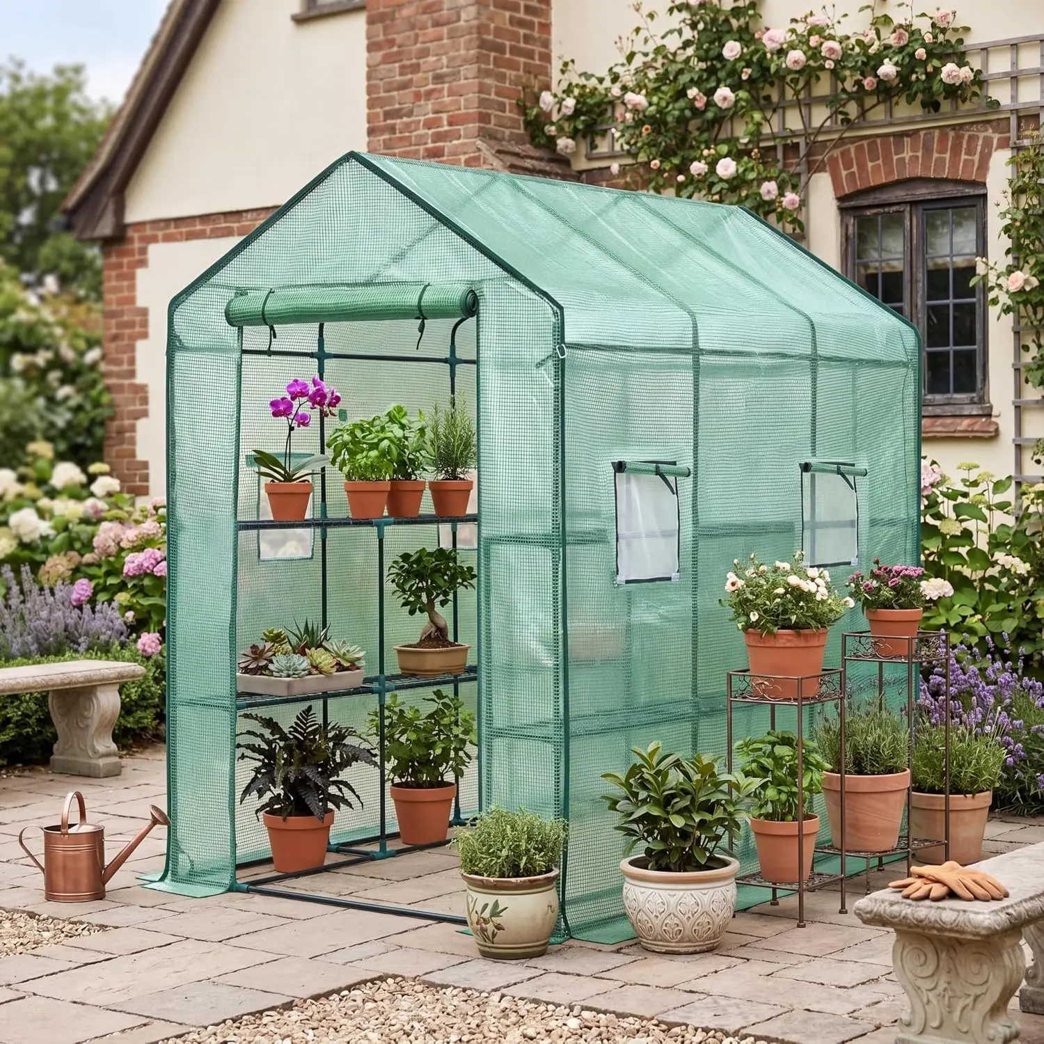 Greenhouse, 57 x 85 x 77'' Greenhouses for Outdoors, with Mesh Side Windows, PE Cover, 8 Shelves, Heavy Duty Walk in Green House for Backyard Garden Indoor, Green/Transparent