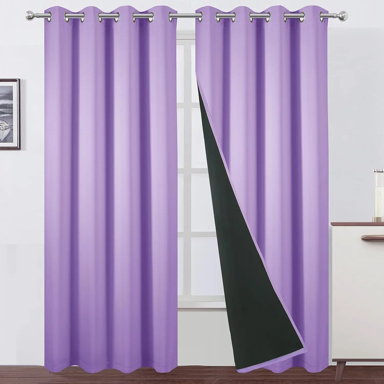 100% Blackout Curtains 52 x 95 Inch/Lavender Curtains 2 Panels with Black Lining Room Darkening Thermal Bedroom Curtains