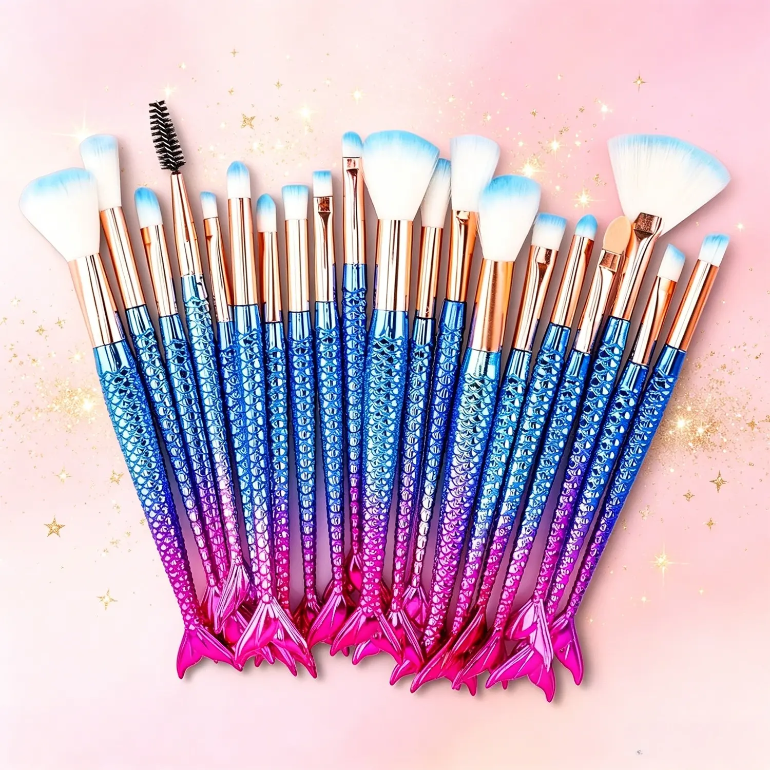20pcs colorful fishtail makeup brushes with gradient electroplated grips, full shadow and blending brushes with soft bristles, Makeup brush sets, perfect daily cosmetic tools for kids & teens, thoughtful Christmas gift for young girls